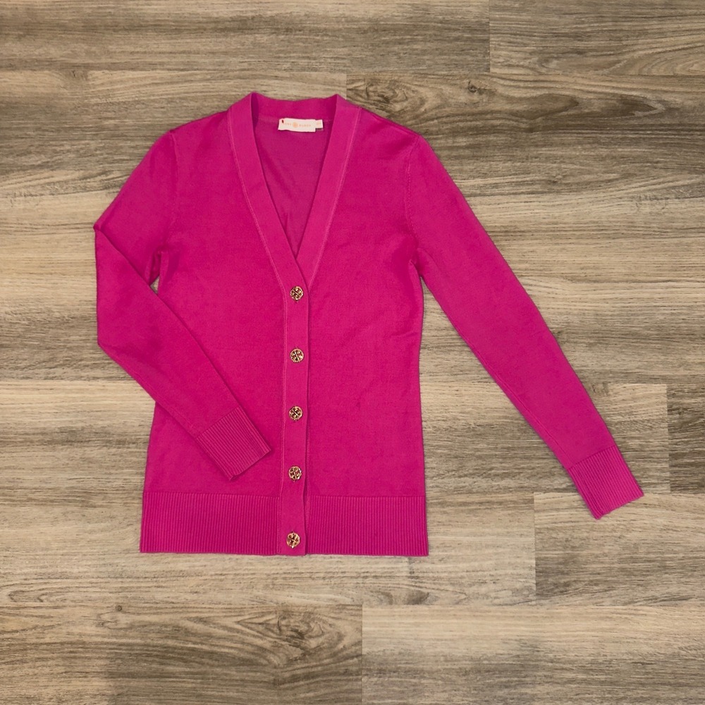 Tory Burch Cardigan XS Pink Gold‎ Logo Button V Neck Lightweight Knit Sweater